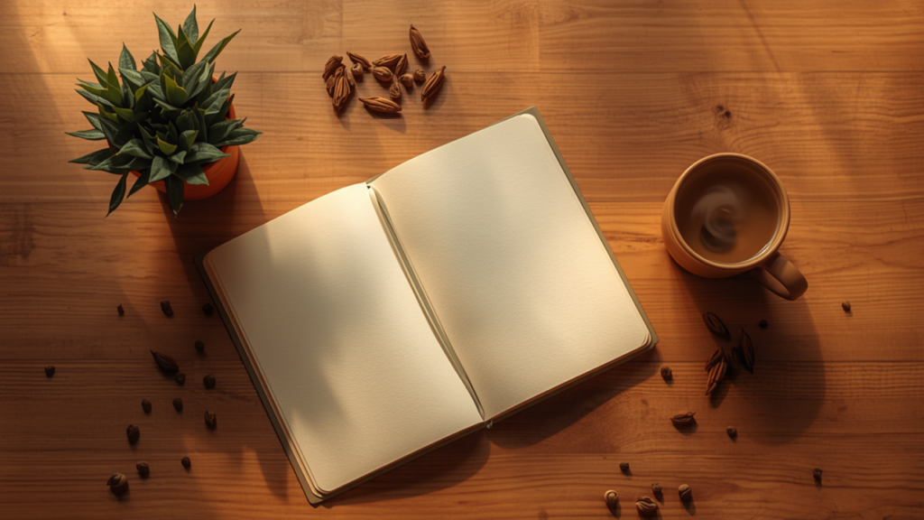 Schreibtisch mit Notizbuch, Pflanze und Kräutertee in warmem Licht, Symbolbild für Energie im Büroalltag ohne Kaffee