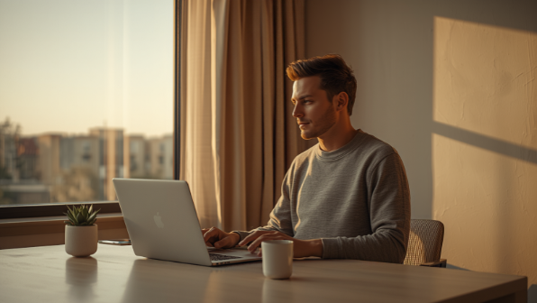 Person klappt nach einem langen Bildschirmtag den Laptop zu und schaut entspannt aus dem Fenster