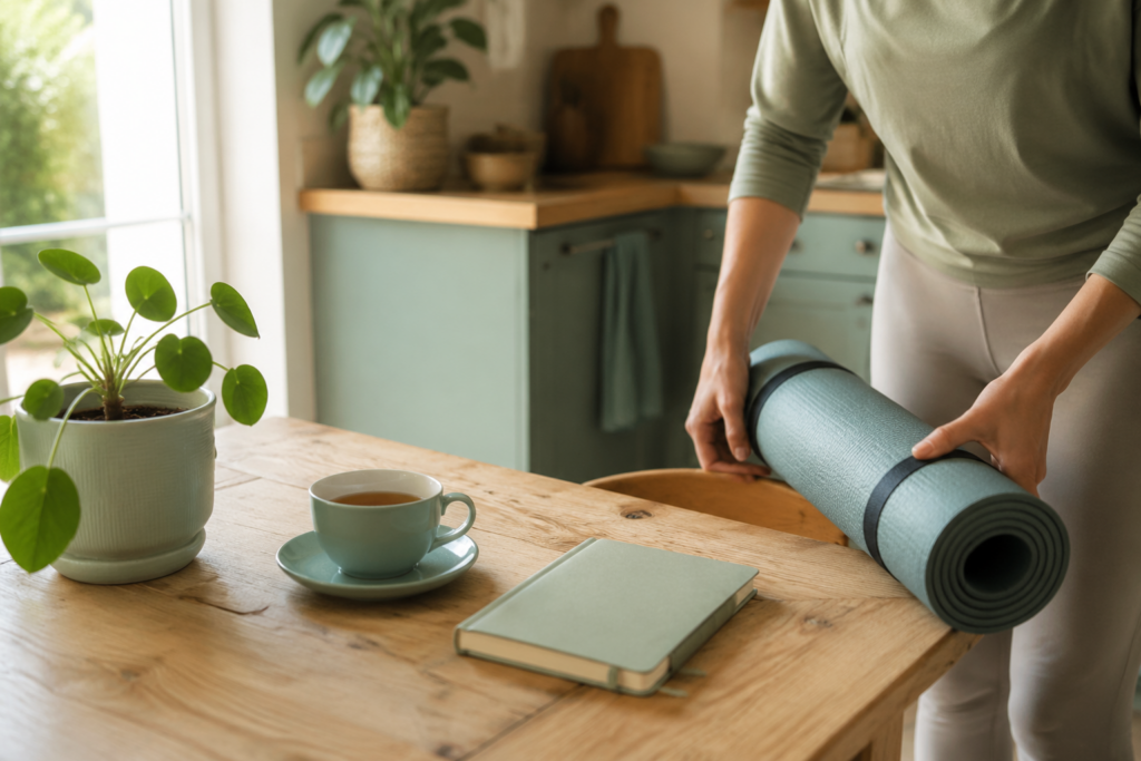 Kleine Alltagsroutinen mit Tee, Notizbuch und Yogamatte