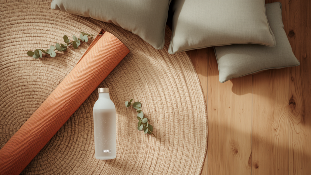 Gemütliche Ecke mit Yogamatte und Wasserflasche in warmem Licht, Symbolbild für Micro-Workouts im Alltag