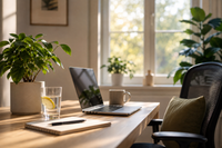 Ruhiger Morgen im Homeoffice mit Schreibtisch, Kaffee und Tageslicht