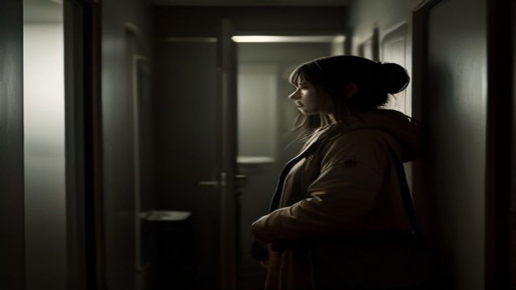 Person kommt spät abends nach einer Spätschicht nach Hause und legt Schlüssel und Arbeitstasche im Flur ab