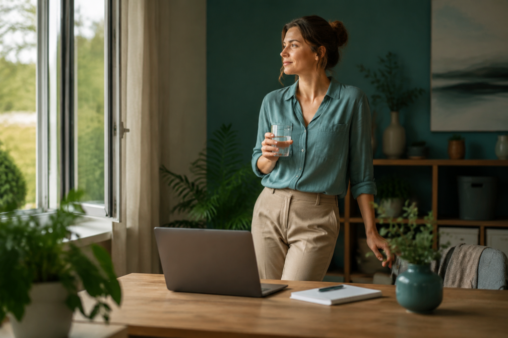 Frau macht am Nachmittag eine ruhige Pause am offenen Fenster