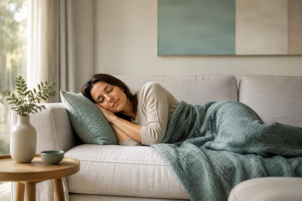 Ruhiger kurzer Powernap auf einem hellen Sofa