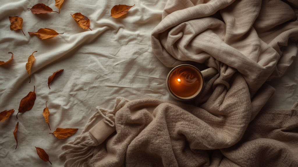 Gemütliches Bett mit Kerze und Tee in warmem Herbstlicht, Symbolbild für Schlafroutine zur Zeitumstellung im Herbst